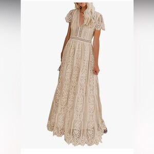 Maternity V Neck Short Sleeve Floral Lace Maxi Dress-XL